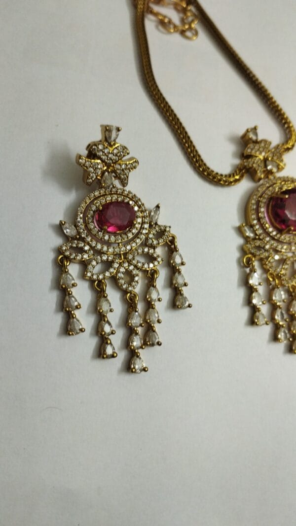 CZ white stone Cut work, Maroon Stone Pendent Short length Necklace with Earrings - Image 2