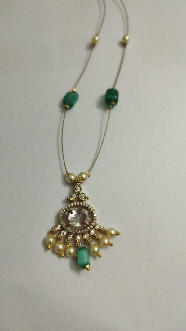 Wire Necklace with Big Size CZ dazzling stone pendent, Green beads and pearls