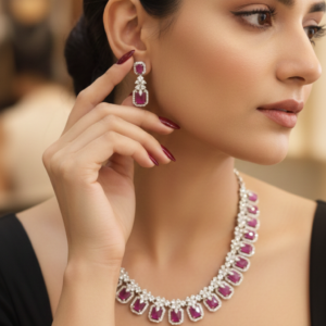 Pink Ruby CZ studded Necklace with Earrings