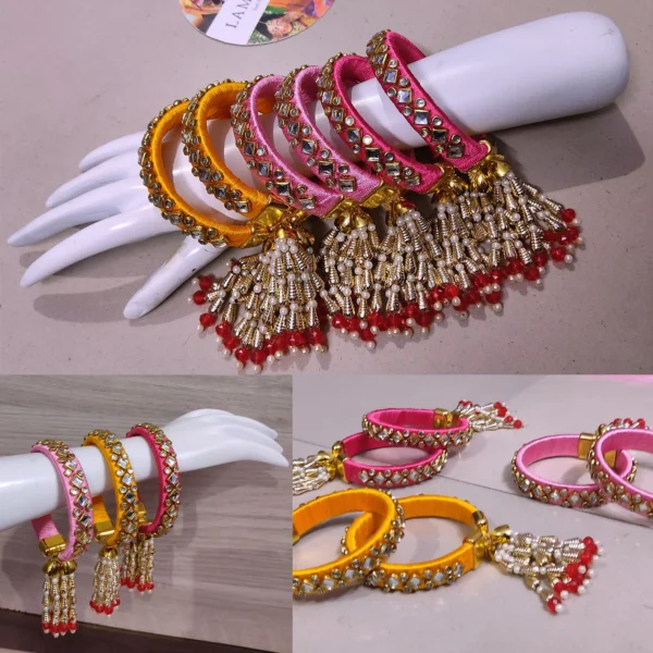 Silk Kundan Indian Thread Bangles with hanging tassels in Assorted colors