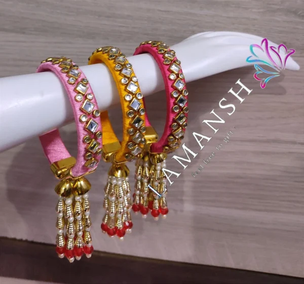 Silk Kundan Indian Thread Bangles with hanging tassels in Assorted colors - Image 2