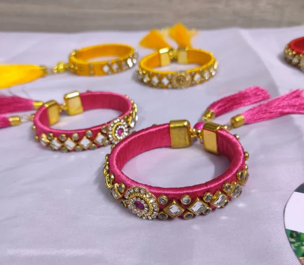 Free size Silk Kundan Indian Thread Bangles with hanging tassels in Assorted colors - Image 3