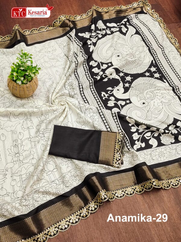 Dola Silk with Scallop border in black and white