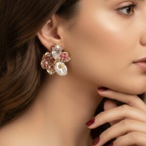 Coral, Pearl cutwork Diamond fusion  Stone Earrings