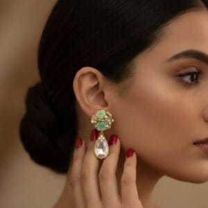 Korean Imported Green Coral, Natural Pearl and precious gems Ear studs