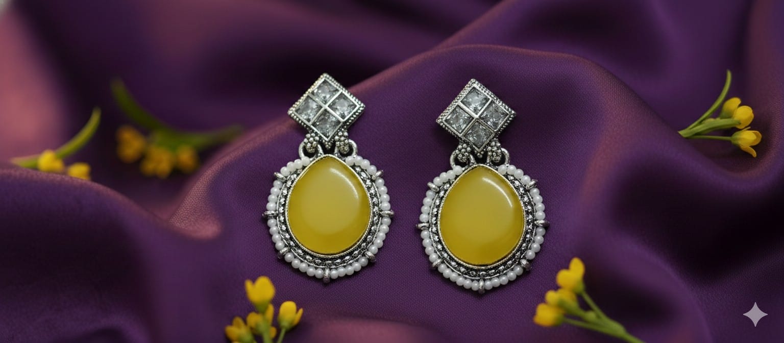 Yellow Stone Earrings with Small Pearl line
